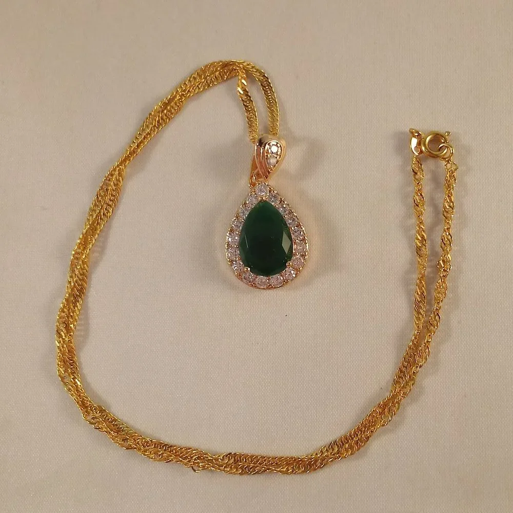 18K Yellow Gold Filled Jade Green Diamond Zircon Pendant Necklace Gorgeous Gift - Picture 3 of 4